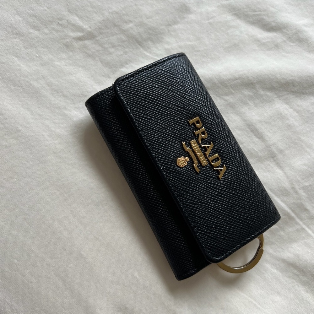 Prada Black Saffiano Leather Key & Card Holder with Gold Logo
